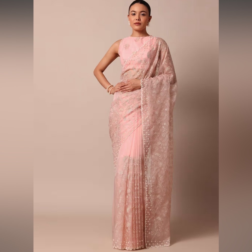 3 Piece Kalki Set Pink Stitched Indian Saree, Top and Skirt in Organza Silk